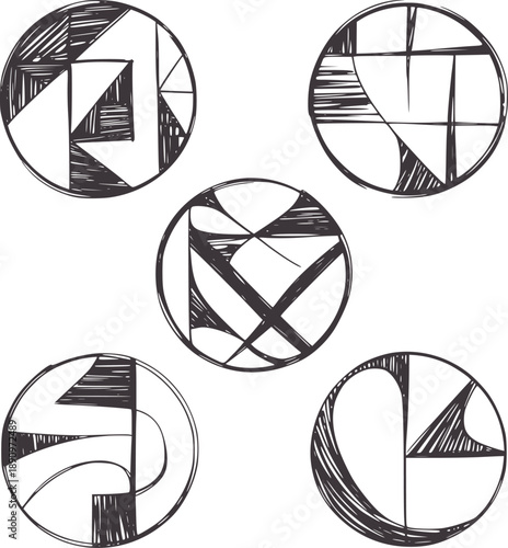 Five hand-drawn circular with geometric shapes and shading patterns circles