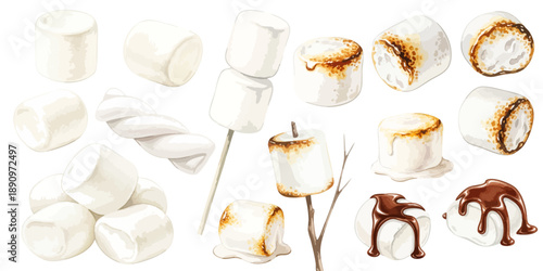 マシュマロと焼きマシュマロのイラスト素材セット スモアやキャンプデザートの調理工程