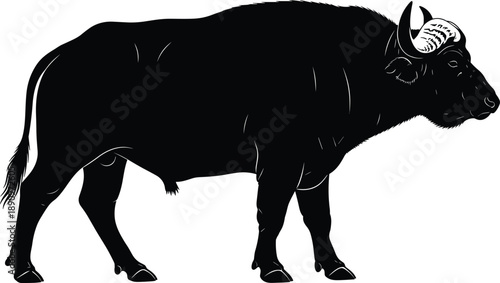 Wild buffalo silhouette illustration showing powerful horned mammal in side profile, minimalist black and white animal vector artwork