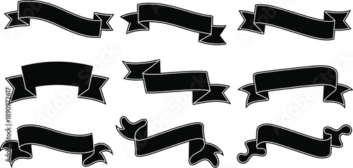 Black ribbon banner silhouettes set featuring vintage curved labels, decorative scroll shapes, and classic emblem ribbons for branding design