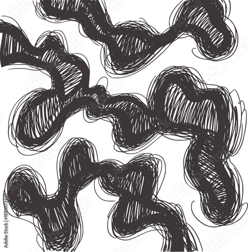 Hand drawn of abstract interconnected shapes with dark shading