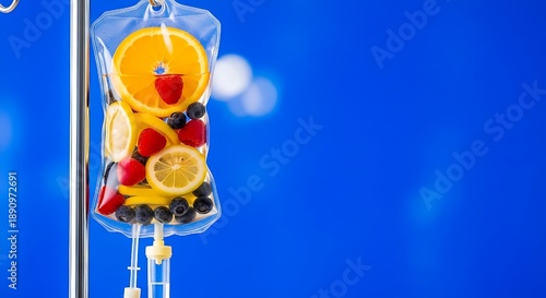a conceptual IV (intravenous) drip bag filled with a vibrant variety of fresh sliced fruits (including oranges