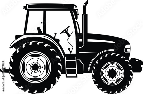 Black silhouette of a modern farm tractor with detailed wheels and cab, isolated on white background for agriculture design use