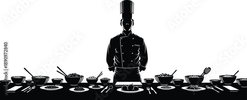 Black silhouette of chef behind table with bowls, plates, and food items for culinary, kitchen, and cooking design use