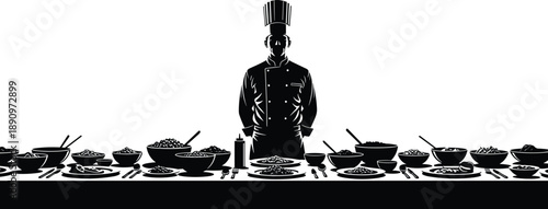 Black silhouette of chef standing behind table with assorted dishes, bowls, and utensils for culinary, buffet, and kitchen design use