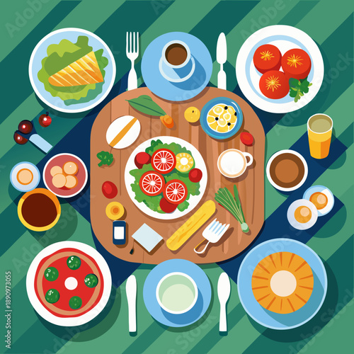Top view dining table with multiple dishes vector illustration