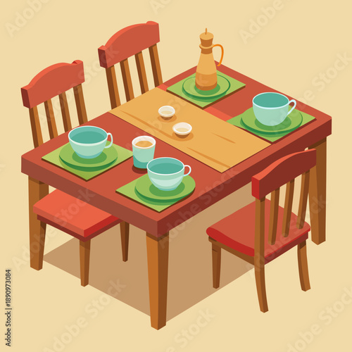 Wooden dining table with cups and chairs vector illustration