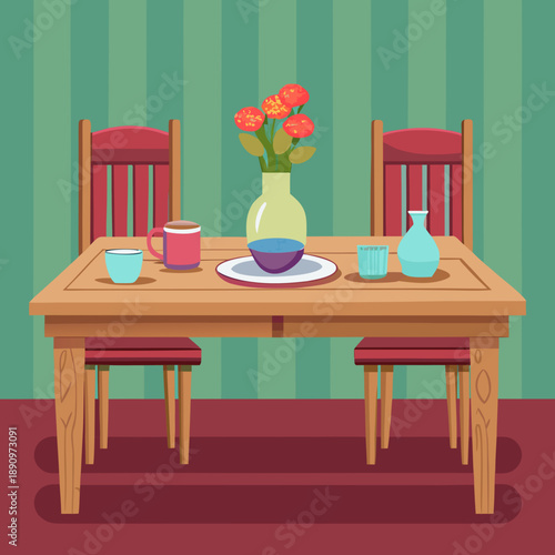 Dining table with flowers in cozy dining room vector illustration