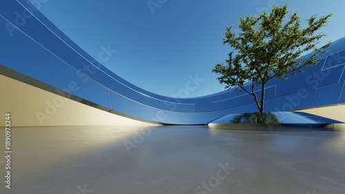 Modern eco-Friendly architecture, Abstract Green architectural design, Metallic curved building background for car presentation backdrop with empty concrete floor, 3d rendering