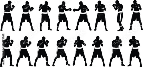 Black silhouettes of boxer in multiple fighting stances and poses isolated on white background for sports training and design use