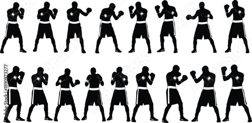 Black silhouettes of boxers in various fighting stances and poses isolated on white background for sports training and design use