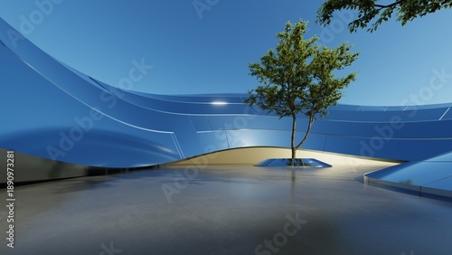 Modern eco-Friendly architecture, Abstract Green architectural design, Metallic curved building background for car presentation backdrop with empty concrete floor, 3d rendering