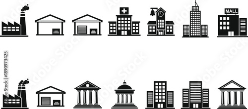 Building icon set silhouettes including factory warehouse hospital school office mall bank and city architecture symbols for urban infographic design
