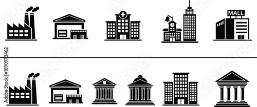 Building silhouette icon set featuring factory warehouse hospital school office mall bank and government architecture for urban infographic design