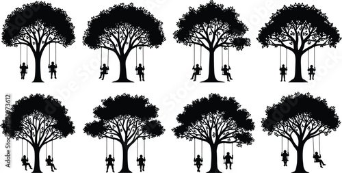 Children playing on tree swings silhouette set showing kids enjoying outdoor playground nature scenes childhood fun black vector illustration