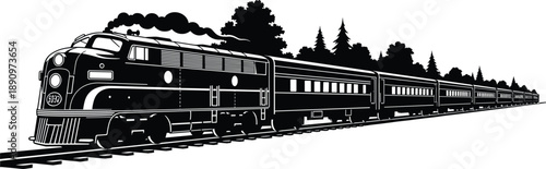 Classic diesel passenger train silhouette illustration traveling through forest scenery, long railway cars, detailed black vector transportation artwork