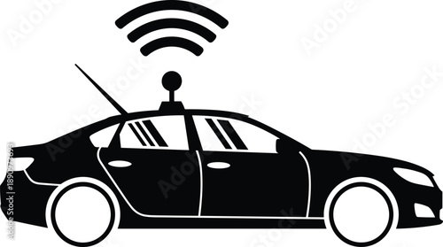 Connected smart car silhouette with wireless signal icon illustrating autonomous vehicle technology, internet of things, modern transportation, and futuristic automotive communication concept