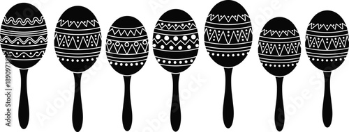 Decorative maracas silhouette icon set with geometric patterns representing Latin music rhythm percussion instruments black vector illustration isolated