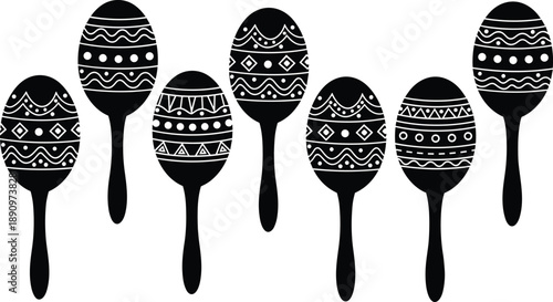 Decorative maracas silhouette illustration set with ethnic geometric patterns representing Latin music rhythm percussion instruments black vector isolated