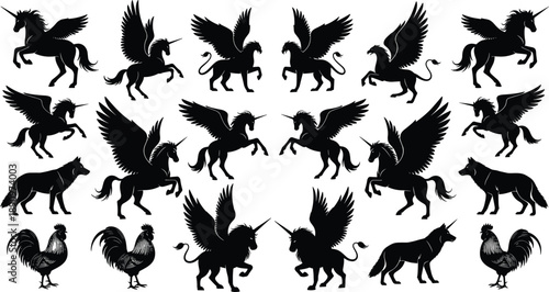Fantasy animal silhouette collection featuring winged unicorns griffins wolves and roosters in dynamic poses black vector illustration set