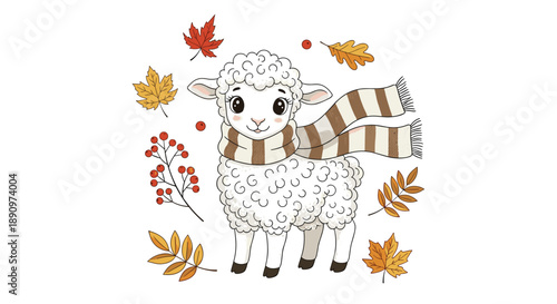 adorable white lamb wearing brown and white striped scarf surrounded by falling autumn leaves and red berries for fall season.