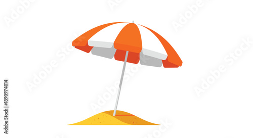 bright orange and white striped beach umbrella standing in small sand mound on white background for summer vacation and travel.