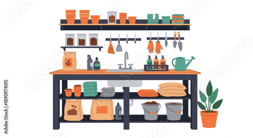 organized gardening workstation or potting bench with shelves holding pots tools soil bags and indoor house plant for home hobby.
