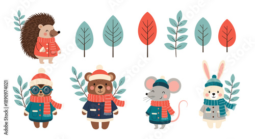 cute forest animals including hedgehog bear mouse and rabbit wearing cozy winter coats and scarves among colorful autumn trees.