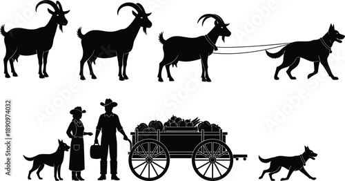Farm animals and rural life silhouette scene featuring goats dogs farmers and harvest cart in traditional countryside black vector illustration