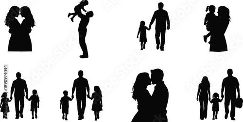 Family and couple silhouette icon set showing parents children love relationships walking holding hands black vector illustration isolated