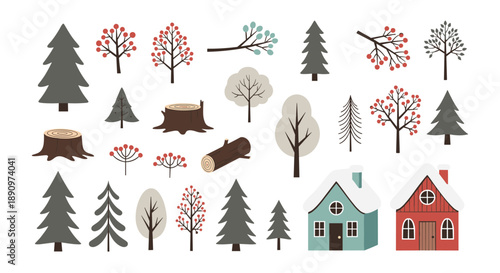 Set of forest elements including pine trees, bare trees with berries, tree stumps, logs, and two cozy snow covered cottages in red and blue.