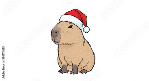 Adorable capybara character wearing a red and white santa hat celebrating the festive christmas holiday season on a clean white background.