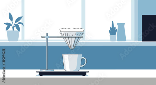 Minimalist illustration of a manual pour-over coffee brewing system with a dripper, filter, and a white mug on a window sill with plants.