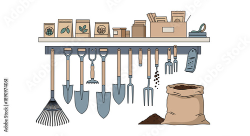 Organized gardening equipment featuring seeds on a shelf, various shovels and forks hanging from a rack, and a large bag of potting soil.