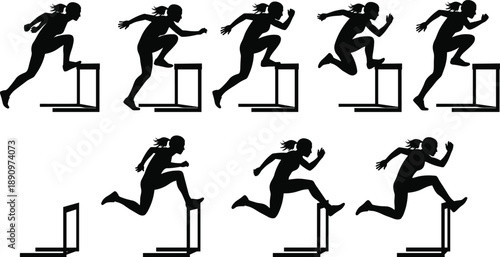 Female hurdler silhouette sequence showing dynamic sprint jump motion for track and field training fitness sports illustration set
