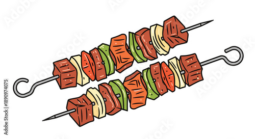 Two delicious grilled skewers featuring cubes of meat, green bell peppers, red tomatoes, and onions on metal needles over white background.