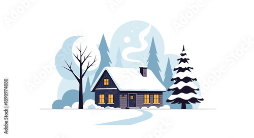 Calm winter landscape featuring a small wooden house covered in snow nestled among tall pine trees under a cloudy sky.