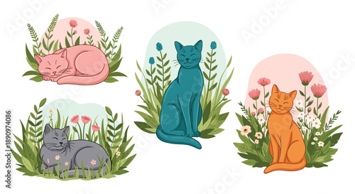 variety of colorful cats sitting and lying peacefully among lush green plants and blooming flowers in beautiful garden setting.