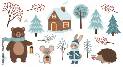 Winter themed illustration set featuring a bear with a lantern, a mouse with an acorn, a rabbit in a coat, and a hedgehog with berries.