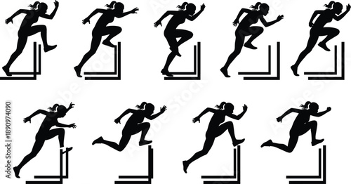 Female athlete hurdling sequence silhouette showing sprint jump motion for track and field training fitness sports illustration design set