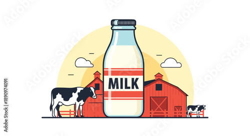 Large glass milk bottle with a red and white label standing in front of red barns and cows on a farm at sunset.