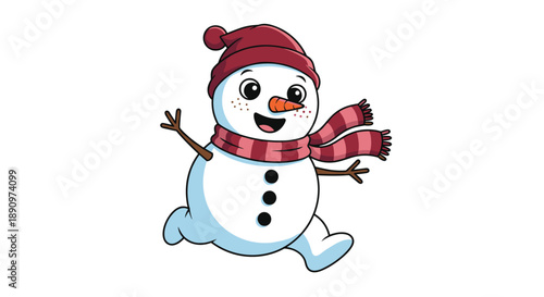 cheerful cartoon snowman wearing red hat and striped scarf running happily on white background for winter holiday celebration.