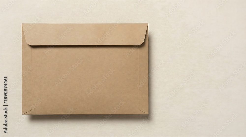 Fototapeta premium Blank brown envelope on a light textured background for mail service, business correspondence, and office communication with copy space.