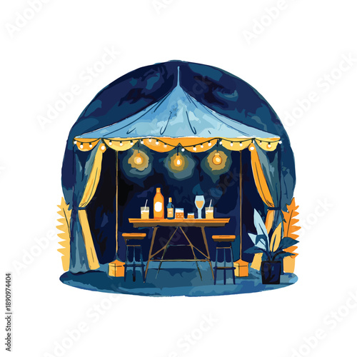 Outdoor seating tent with string lights and bottles of drinks at night