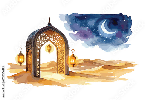 Desert gateway arch with lanterns at night under starry crescent moon watercolor art