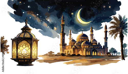 Islamic mosque with crescent moon and lantern in desert landscape at night festive lights celebration