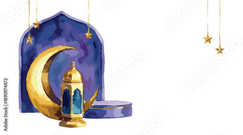 Ramadan crescent moon lantern podium decoration stars islamic festive background template copy space