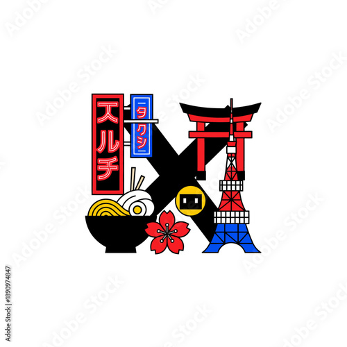 Vibrant Japanese Cultural Symbols Collage Featuring Food, Temple, and Landmark Illustrations from a Front Viewpoint