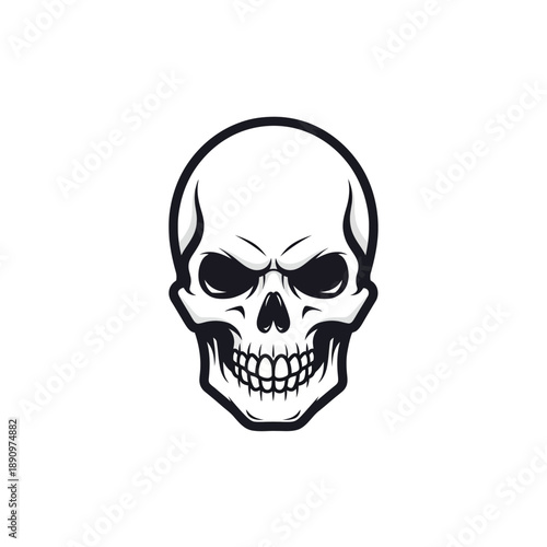 A menacing skull illustration viewed from the front with a bold black outline