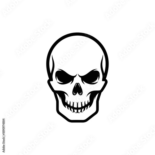 A black and white illustration of a human skull viewed from the front with a menacing expression